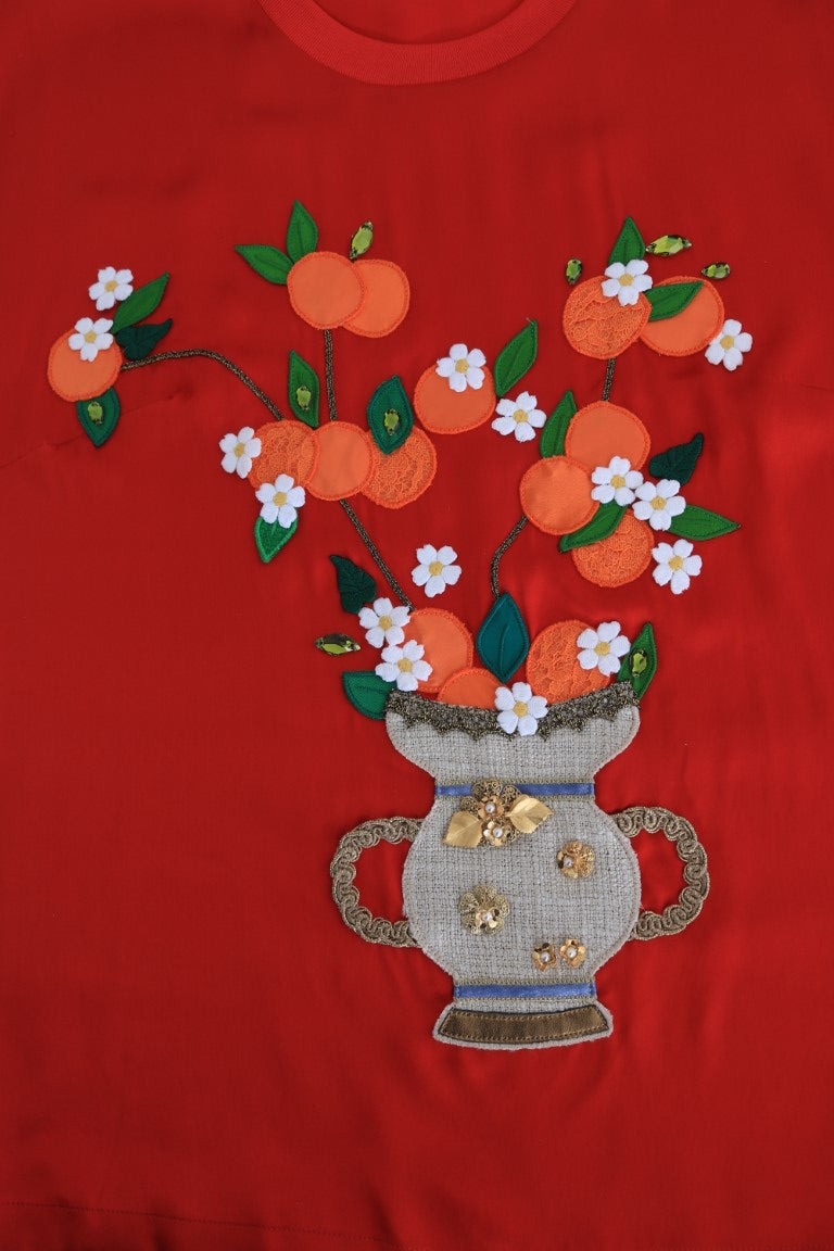 Blouse en cristal floral orange en soie rouge