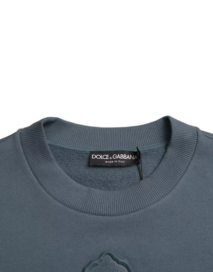 Dolce & Gabbana Blue Cotton Logo Patch Crew Neck Men Pullover Sweater