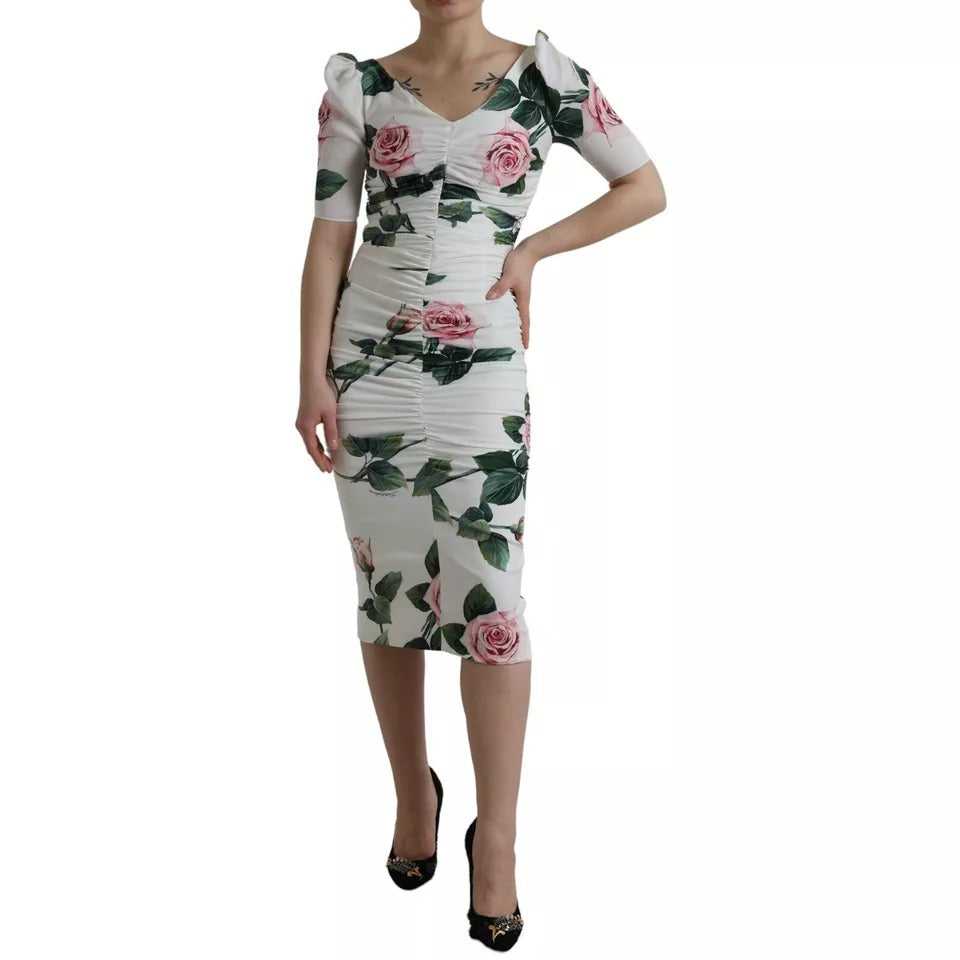 Dolce &amp; Gabbana – Plisseekleid aus Stretch-Seide mit weißem Rosen-Print