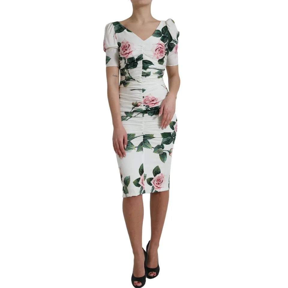 Dolce &amp; Gabbana – Plisseekleid aus Stretch-Seide mit weißem Rosen-Print