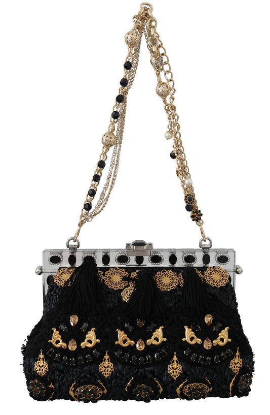 Dolce &amp; Gabbana – Schwarze Abendclutch mit Quaste und goldenem Barockkristall