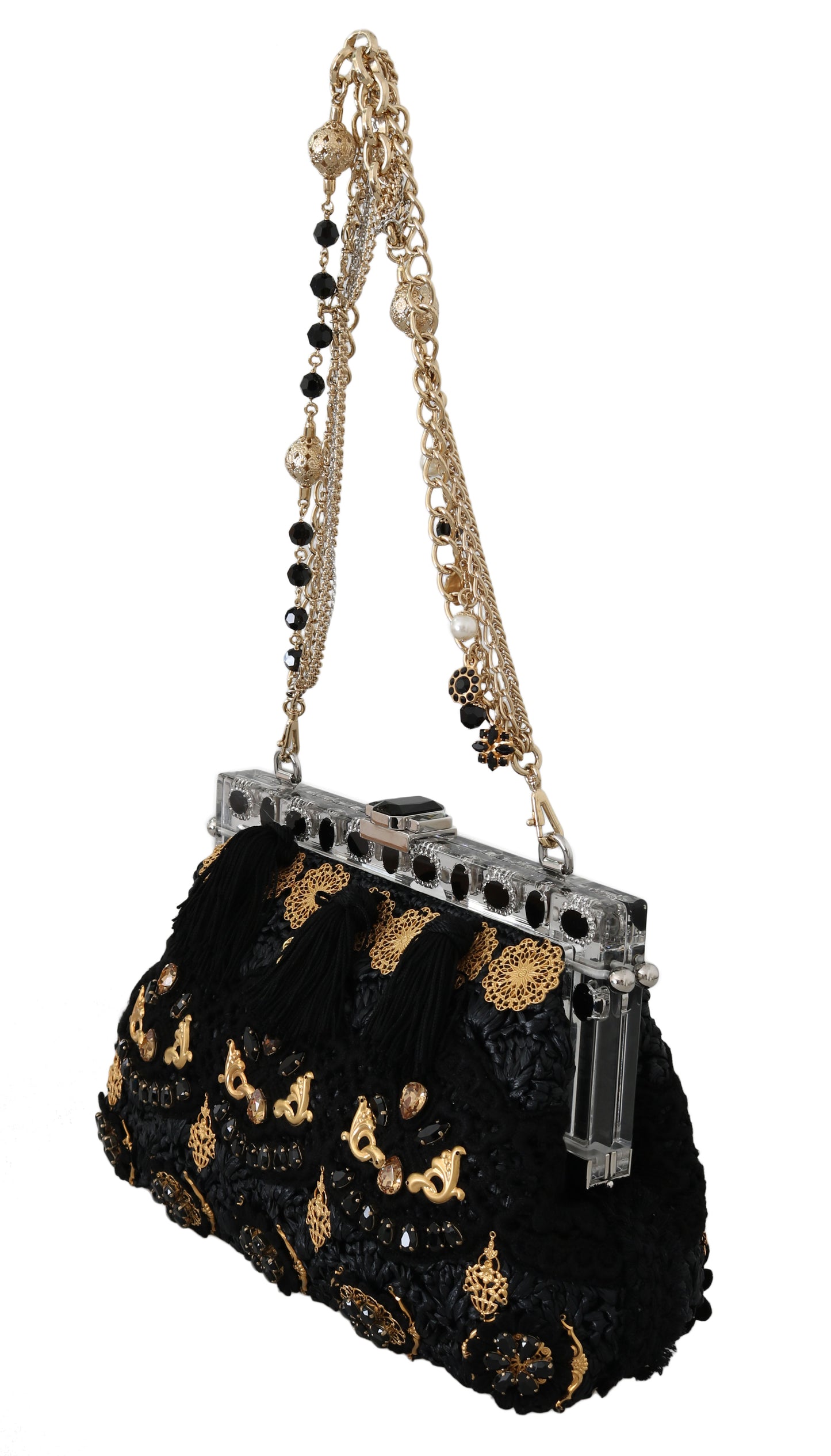 Dolce &amp; Gabbana – Schwarze Abendclutch mit Quaste und goldenem Barockkristall