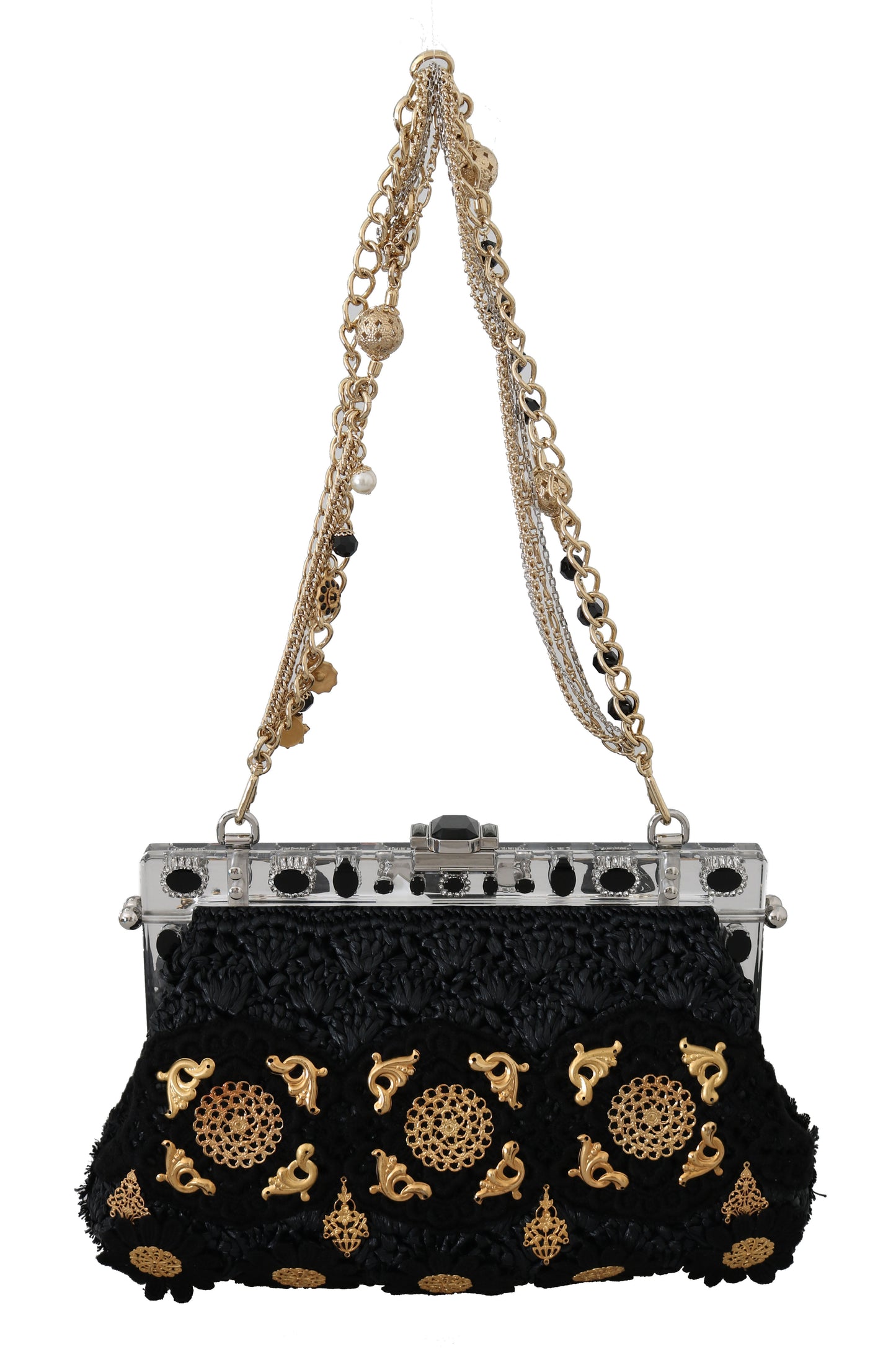 Dolce &amp; Gabbana – Schwarze Abendclutch mit Quaste und goldenem Barockkristall