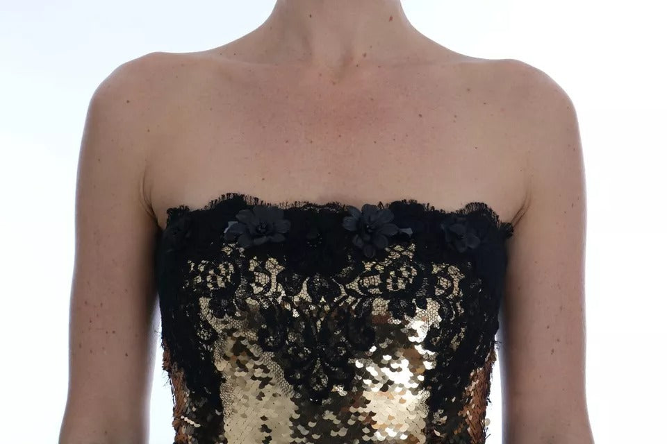 Dolce & Gabbana Gold Strapless Sequin Embellished Lace Dress