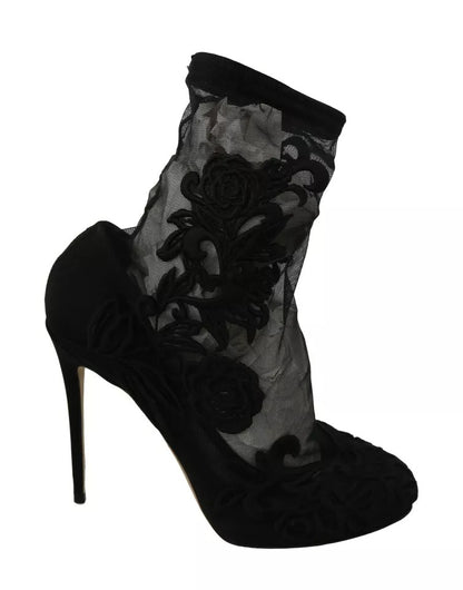 Dolce & Gabbana Black Tulle Stretch Floral Booties Shoes