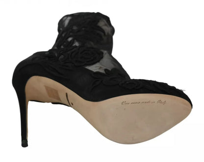 Dolce & Gabbana Black Tulle Stretch Floral Booties Shoes