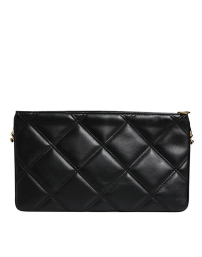 Dolce & Gabbana Black Leather Crystal Embellished Logo Shoulder Bag