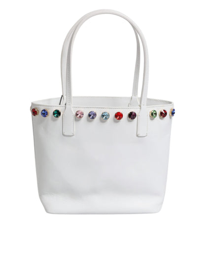 Dolce & Gabbana White Leather Crystal DG Logo Shoulder Tote Bag