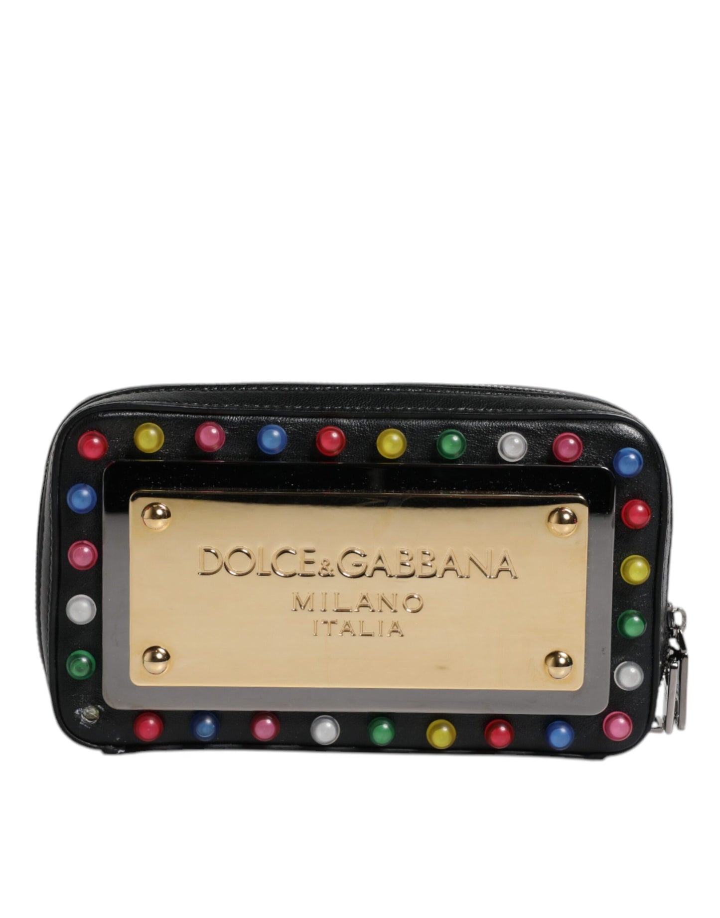 Dolce & Gabbana Black Leather LED Logo Wrist Strap Clutch Bag