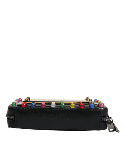 Dolce & Gabbana Black Leather LED Logo Wrist Strap Clutch Bag