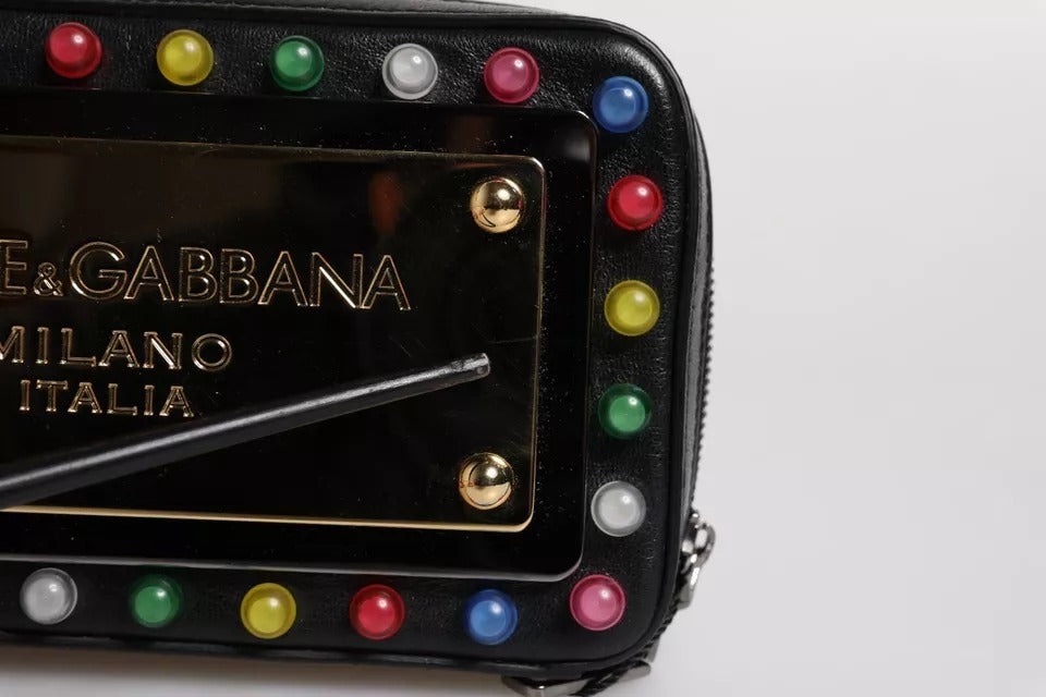 Dolce & Gabbana Black Leather LED Logo Wrist Strap Clutch Bag