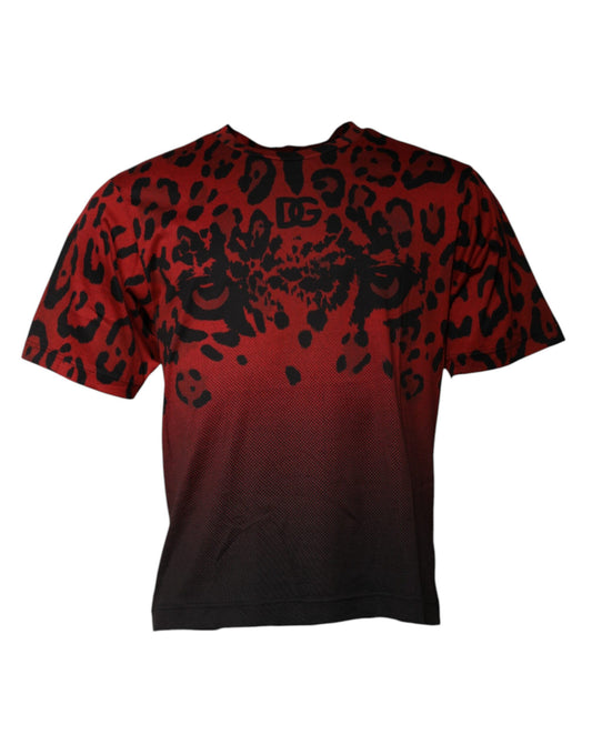 Dolce &amp; Gabbana Rotes Kurzarm-T-Shirt aus Baumwolle mit Leopardenmuster