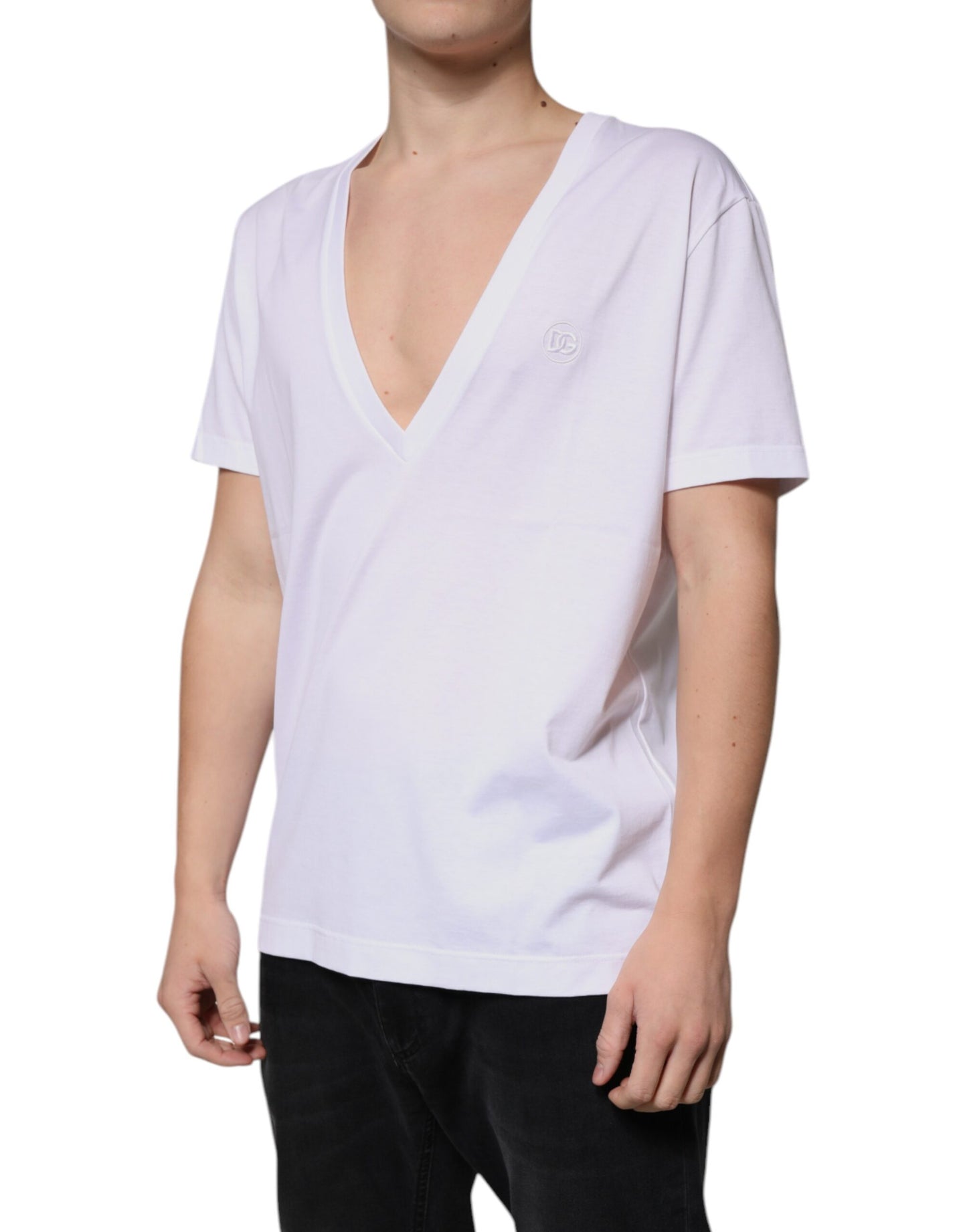 Dolce & Gabbana White Cotton V-neck Short Sleeves T-shirt