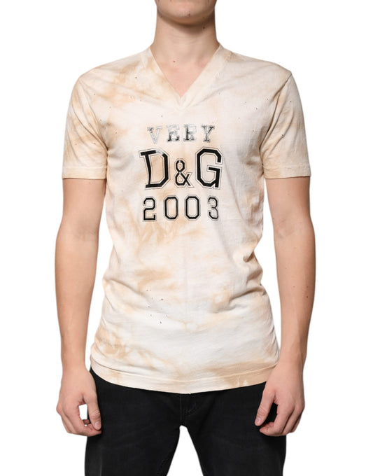 Dolce &amp; Gabbana Beiges T-Shirt aus Baumwolle mit V-Ausschnitt und grafischem Print