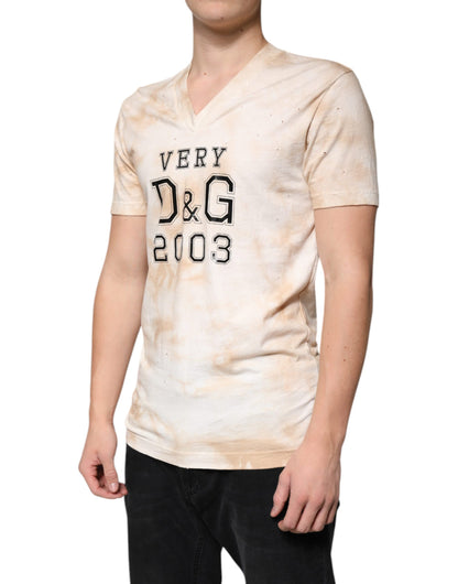 Dolce & Gabbana Beige Graphic Print Cotton V-neck T-shirt