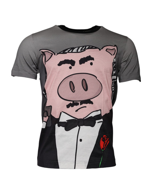 Dolce &amp; Gabbana – Graues, kurzärmliges T-Shirt „Jahr des Schweins 2019“