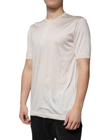 Dolce & Gabbana Off White Silk Crew Neck Henley T-shirt