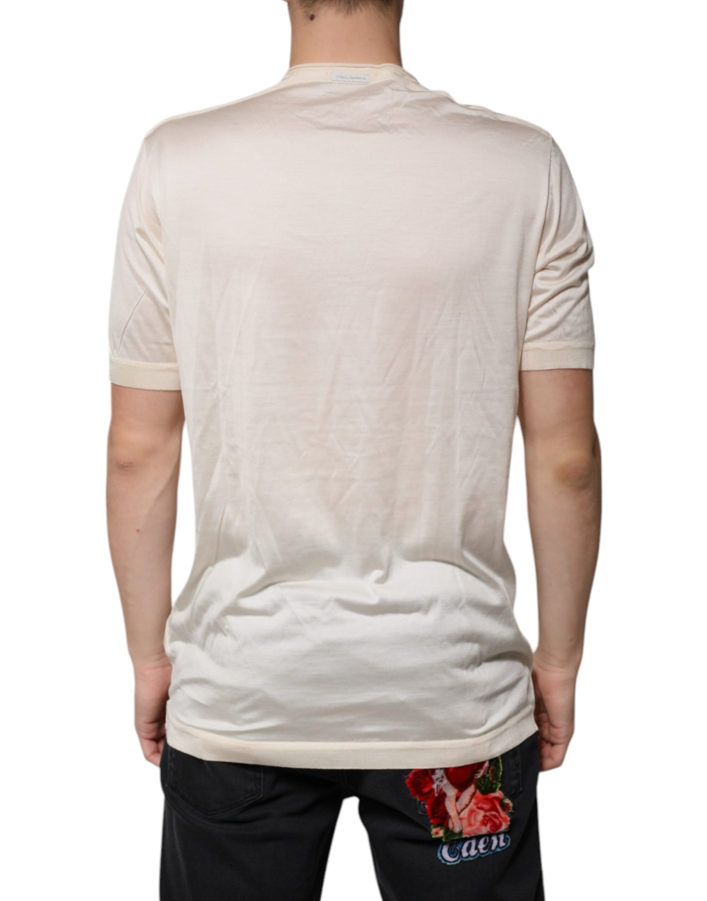 Dolce & Gabbana Off White Silk Crew Neck Henley T-shirt