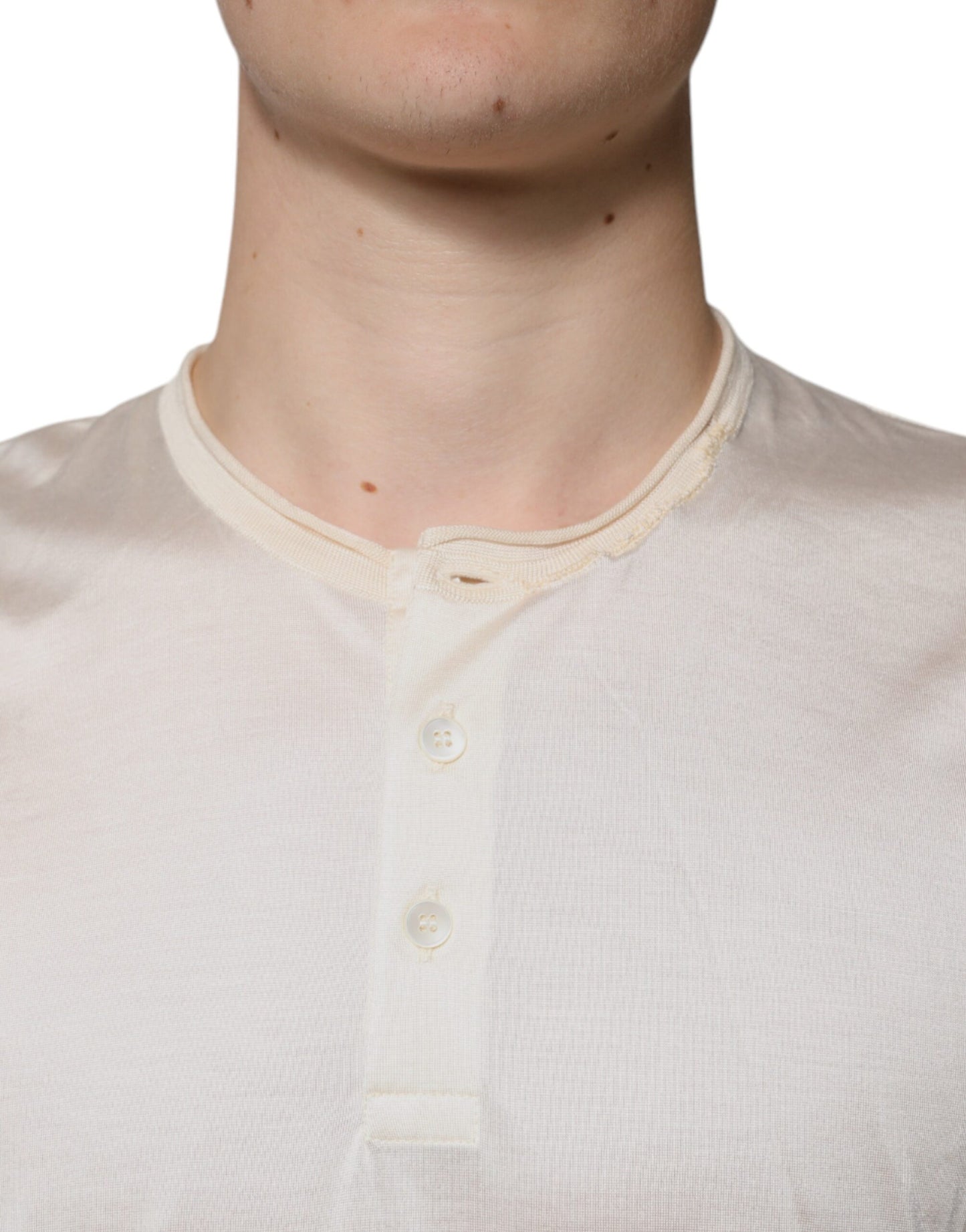 Dolce & Gabbana Off White Silk Crew Neck Henley T-shirt