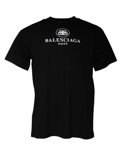 Balenciaga Black Cotton Logo Print Crew Neck Short Sleeves T-shirt