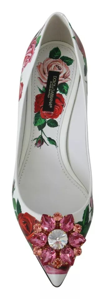 Dolce & Gabbana White Leather Roses Crystal Pumps Shoes