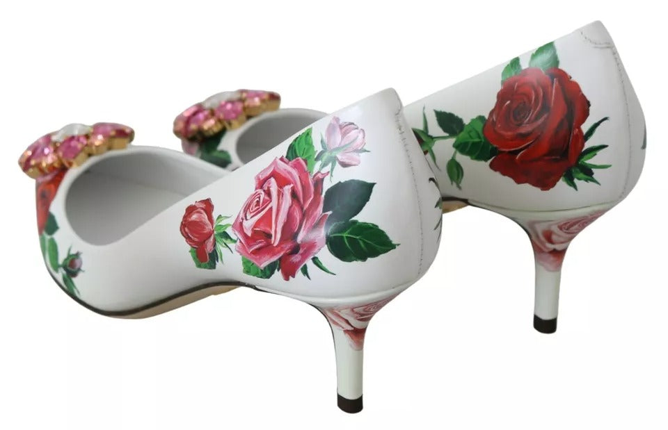 Dolce &amp; Gabbana Pumps aus weißem Leder mit Rosen und Kristallen