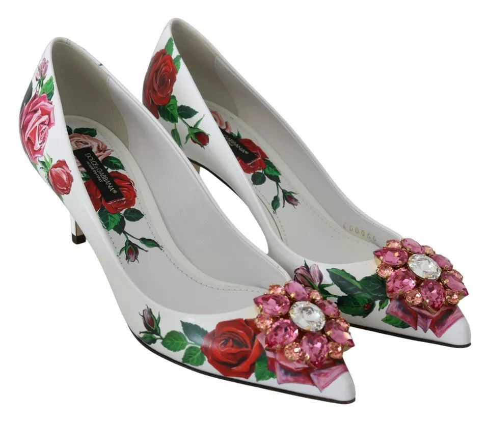 Dolce &amp; Gabbana Pumps aus weißem Leder mit Rosen und Kristallen