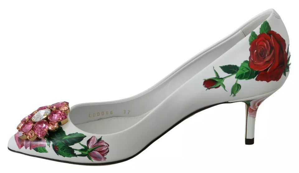 Dolce &amp; Gabbana Pumps aus weißem Leder mit Rosen und Kristallen