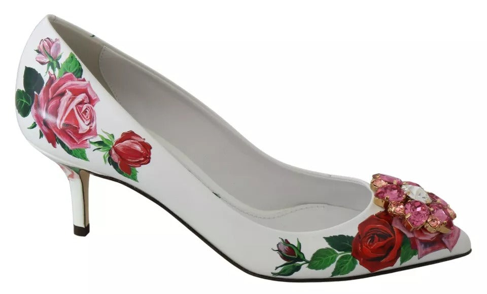 Dolce &amp; Gabbana Pumps aus weißem Leder mit Rosen und Kristallen