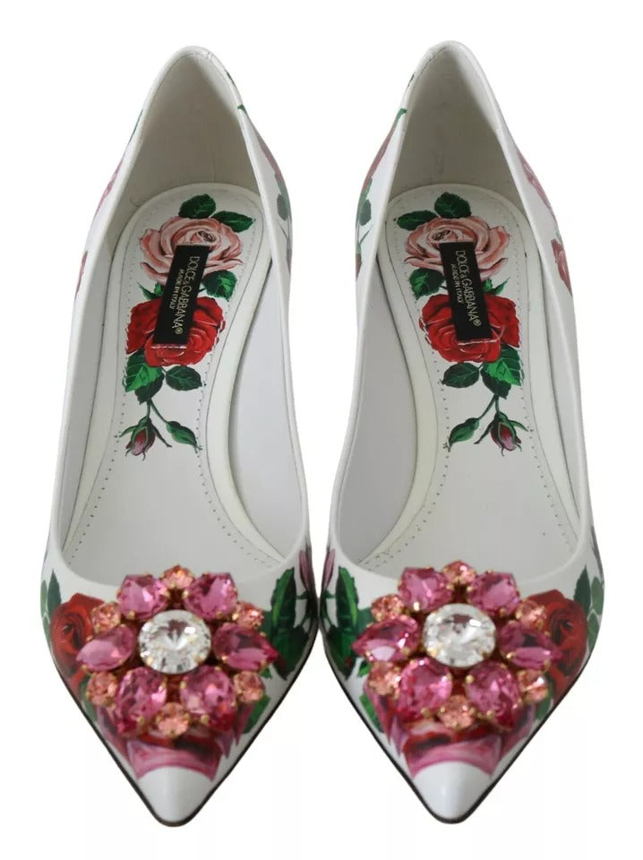 Dolce & Gabbana White Leather Roses Crystal Pumps Shoes