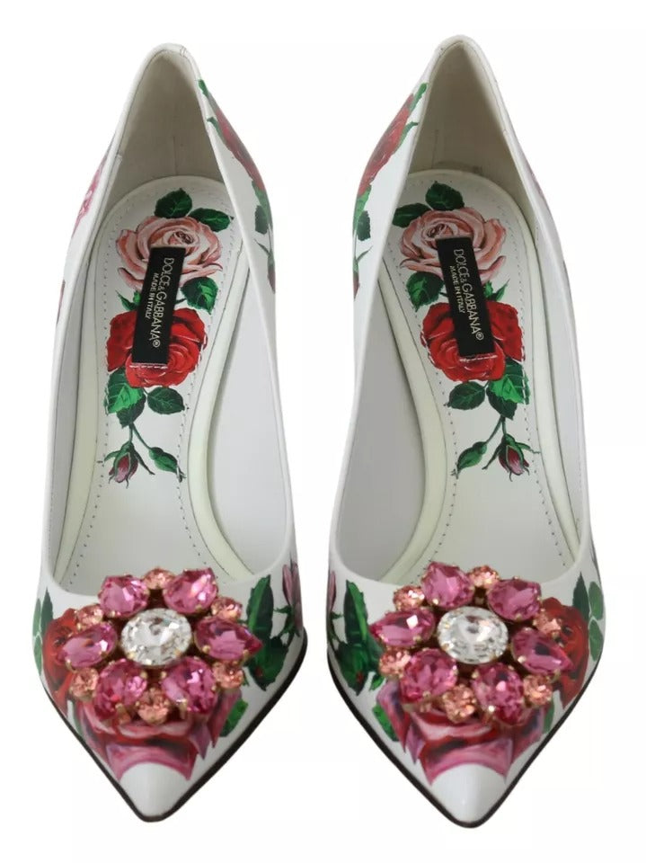 Dolce &amp; Gabbana Pumps aus weißem Leder mit Rosen und Kristallen