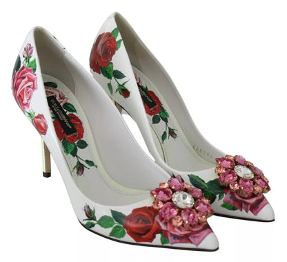 Dolce &amp; Gabbana Pumps aus weißem Leder mit Rosen und Kristallen