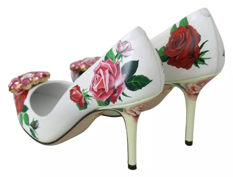 Dolce &amp; Gabbana Pumps aus weißem Leder mit Rosen und Kristallen