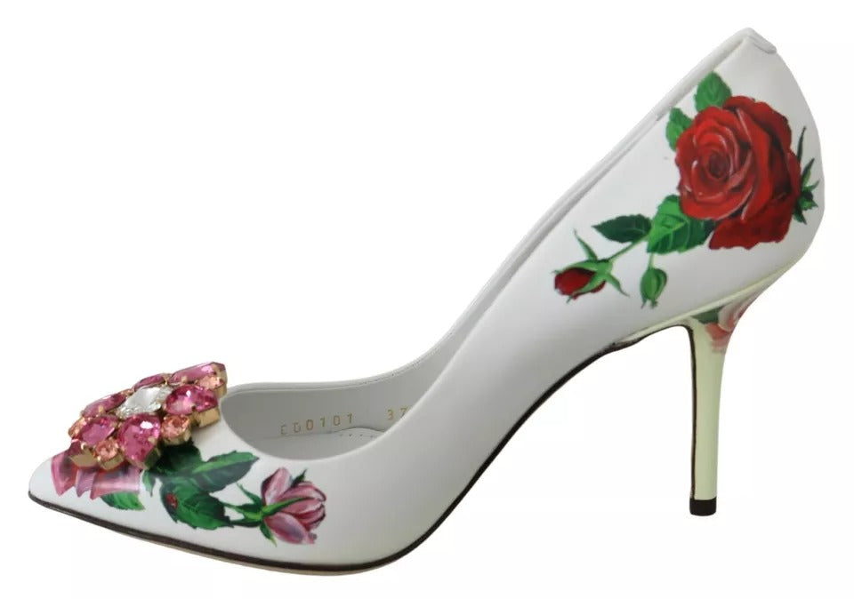 Dolce &amp; Gabbana Pumps aus weißem Leder mit Rosen und Kristallen