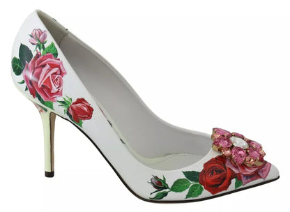 Dolce &amp; Gabbana Pumps aus weißem Leder mit Rosen und Kristallen