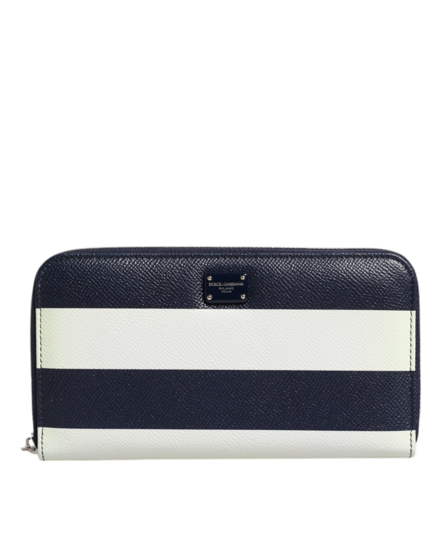 Dolce & Gabbana White Blue Striped Leather Zip Around Continental Wallet