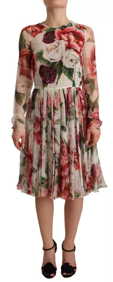 Dolce & Gabbana White Floral Silk Long Sleeves Pleated Dress