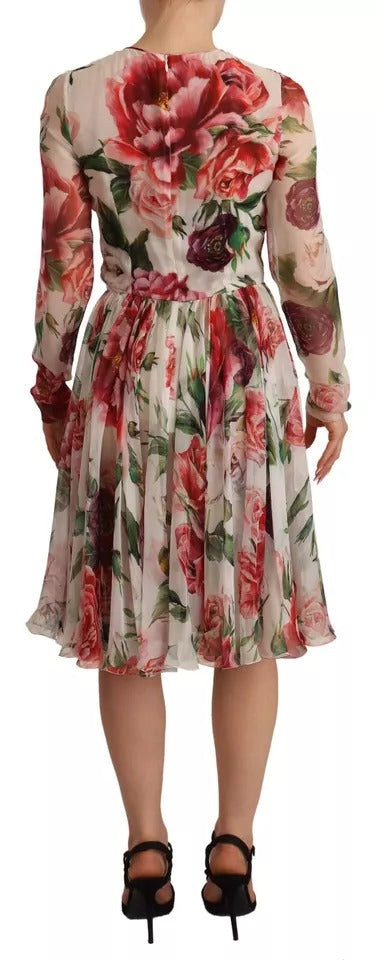 Dolce & Gabbana White Floral Silk Long Sleeves Pleated Dress