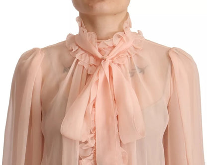 Dolce & Gabbana Light Pink Silk Long Sleeve Ascot Collar Top