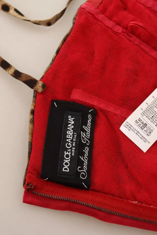 Dolce &amp; Gabbana – Braunes, rotes Etui-Midikleid aus Tüll mit Leopardenmuster