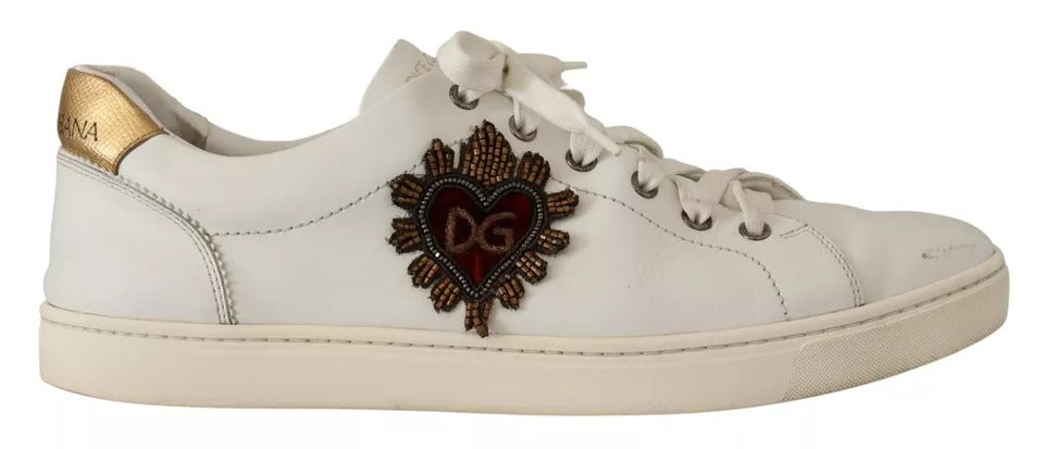 Dolce & Gabbana White Leather Heart Low Top Casual Sneakers Shoes