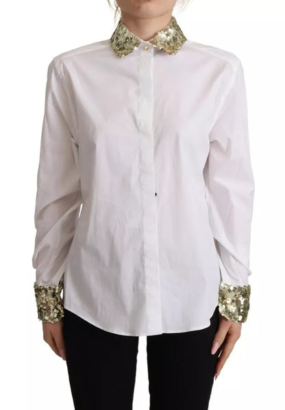 Dolce & Gabbana White Cotton Collared Long Sleeves Sequin Top Shirt