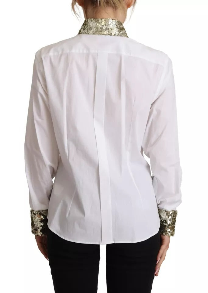 Dolce & Gabbana White Cotton Collared Long Sleeves Sequin Top Shirt