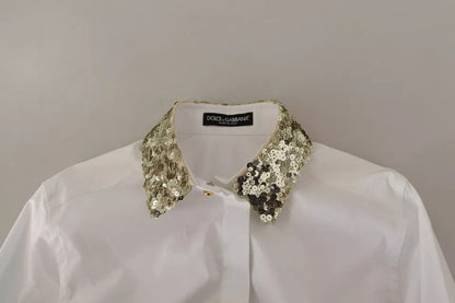 Dolce & Gabbana White Cotton Collared Long Sleeves Sequin Top Shirt