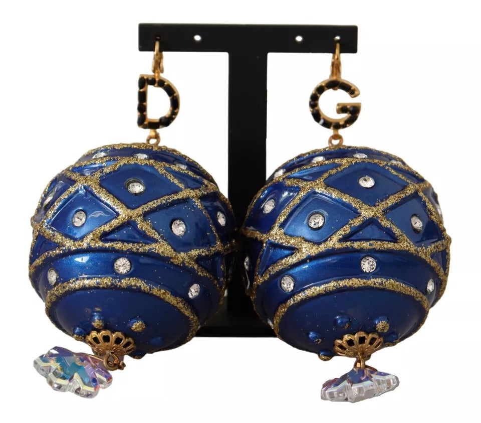 Dolce & Gabbana Gold Brass Blue Christmas Ball Crystal Hook Jewelry Earrings