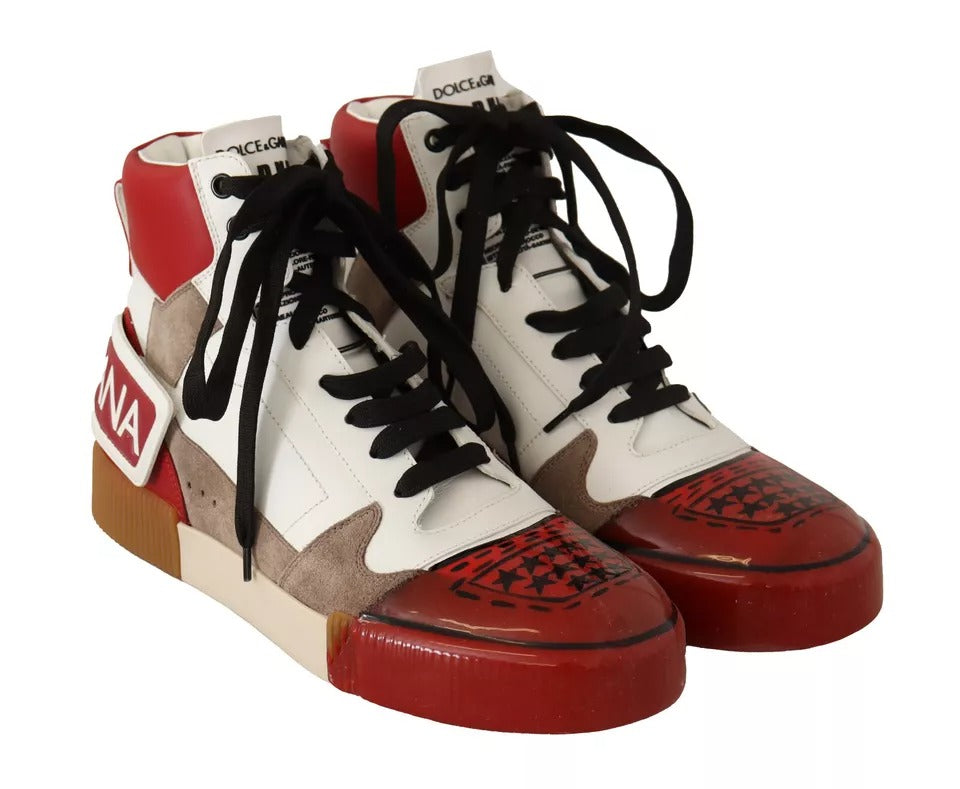 Dolce &amp; Gabbana Rot Weiß Beige Leder High Tops Sneakers Schuhe