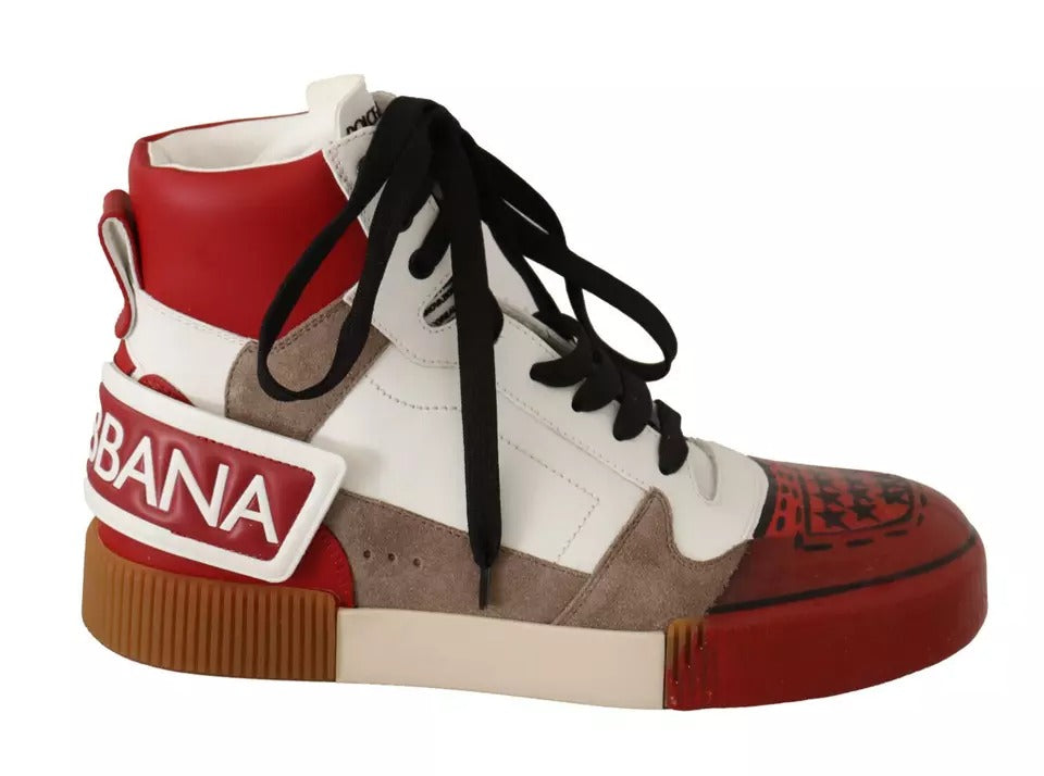 Dolce &amp; Gabbana Rot Weiß Beige Leder High Tops Sneakers Schuhe