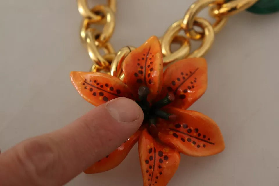 Dolce & Gabbana Multicolor Gold Orange Lily Floral Chain Necklace