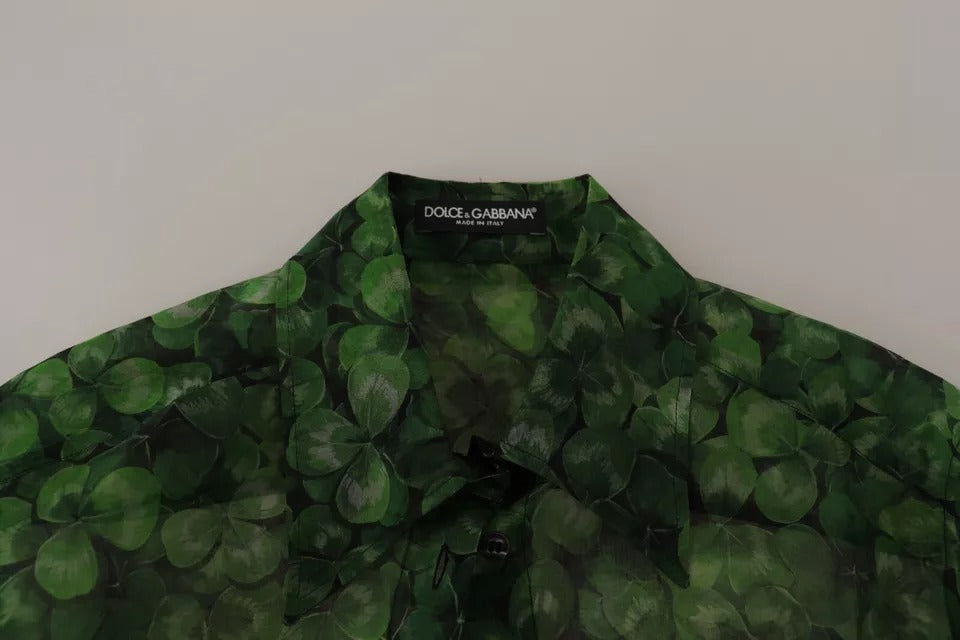 Dolce &amp; Gabbana – Grüne Bluse mit langen Ärmeln und Kragen im Kleeblatt-Print