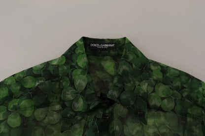 Dolce & Gabbana Green Clover Print Long Sleeves Collared Top Blouse